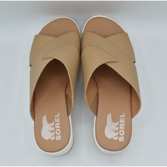 Sorel Womens Size 10.5 Cameron Flatform Wedge Beige Sea Salt Leather Sandals - Picture 5 of 12